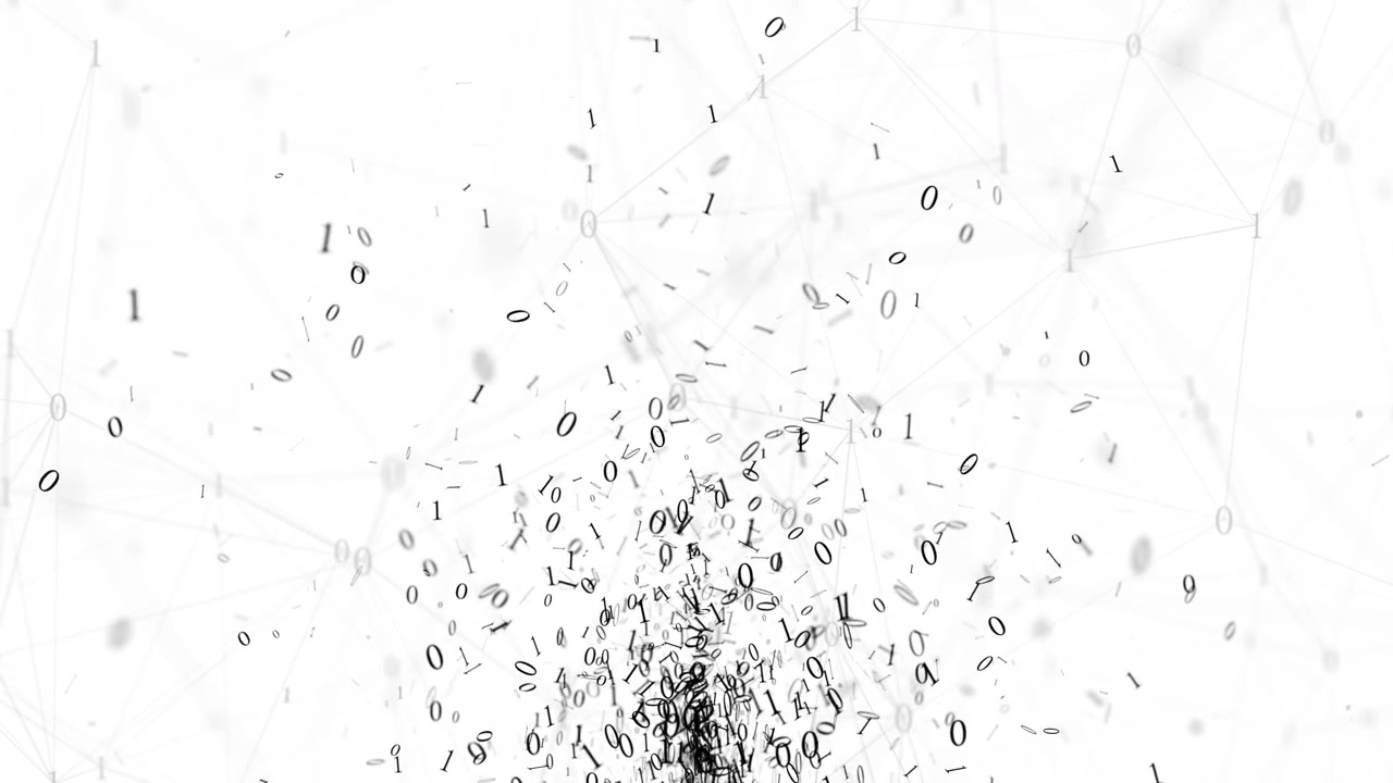 Minimal white code rain visual floating binary numbers pale network links bright abstract technology