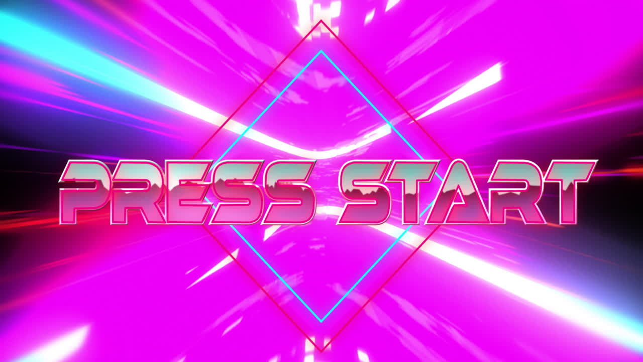 Animace textu „stiskněte start“ nad barevnými světly na černém pozadí