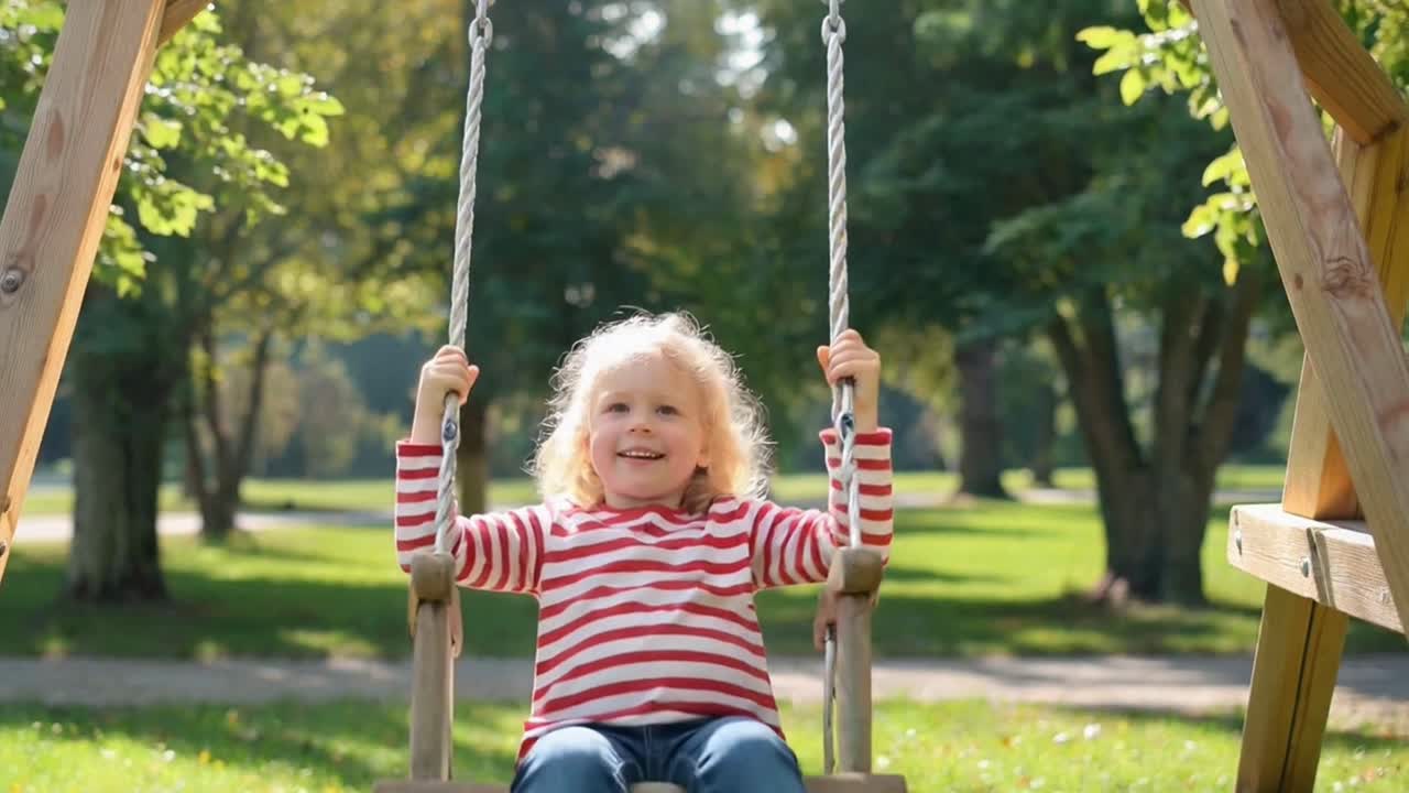 Adorable Toddler Girl on a Swing in a Sunny Green Park