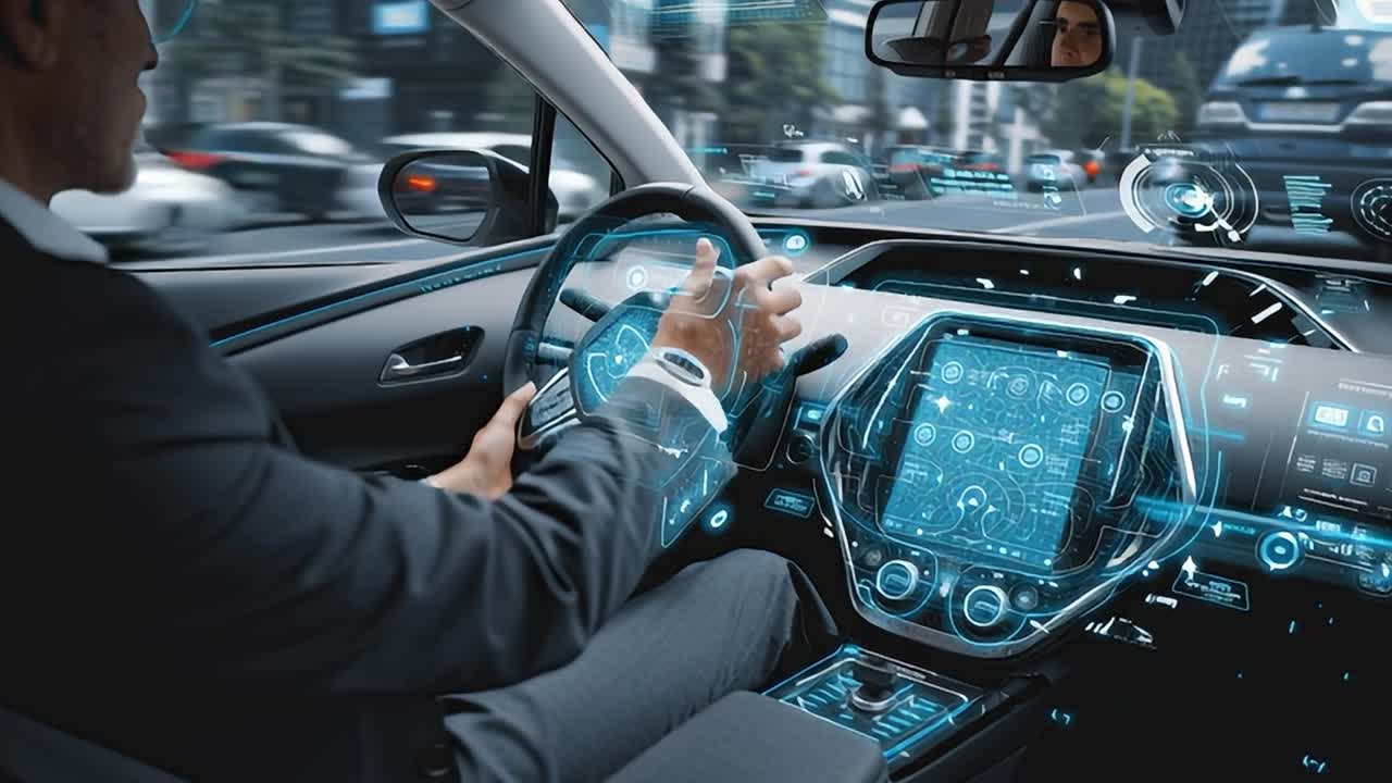 Il conducente interagisce con la tecnologia automobilistica avanzata mentre guida per le strade della città.