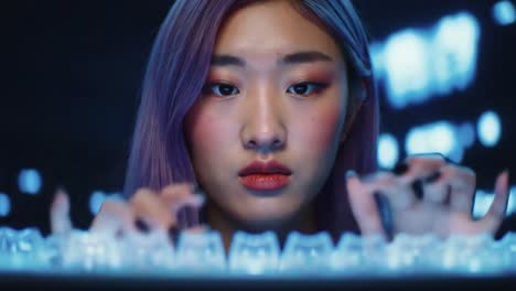 a young woman with purple hair focuses on typing at a futuristic keyboard, surrounded by a dazzling display of blue light and digital effects, capturing the essence of modern technology and creativity