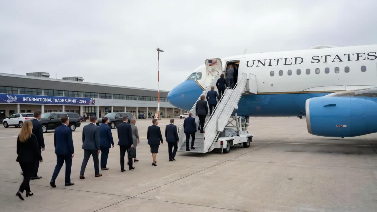 Delegation Boarding United States Government Airplane at Airport Tarmac