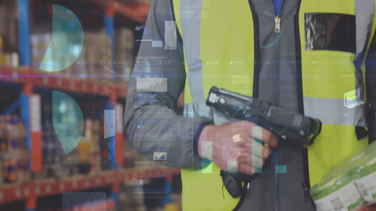 창고에서 일하는 사람에 대한 데이터 처리 애니메이션