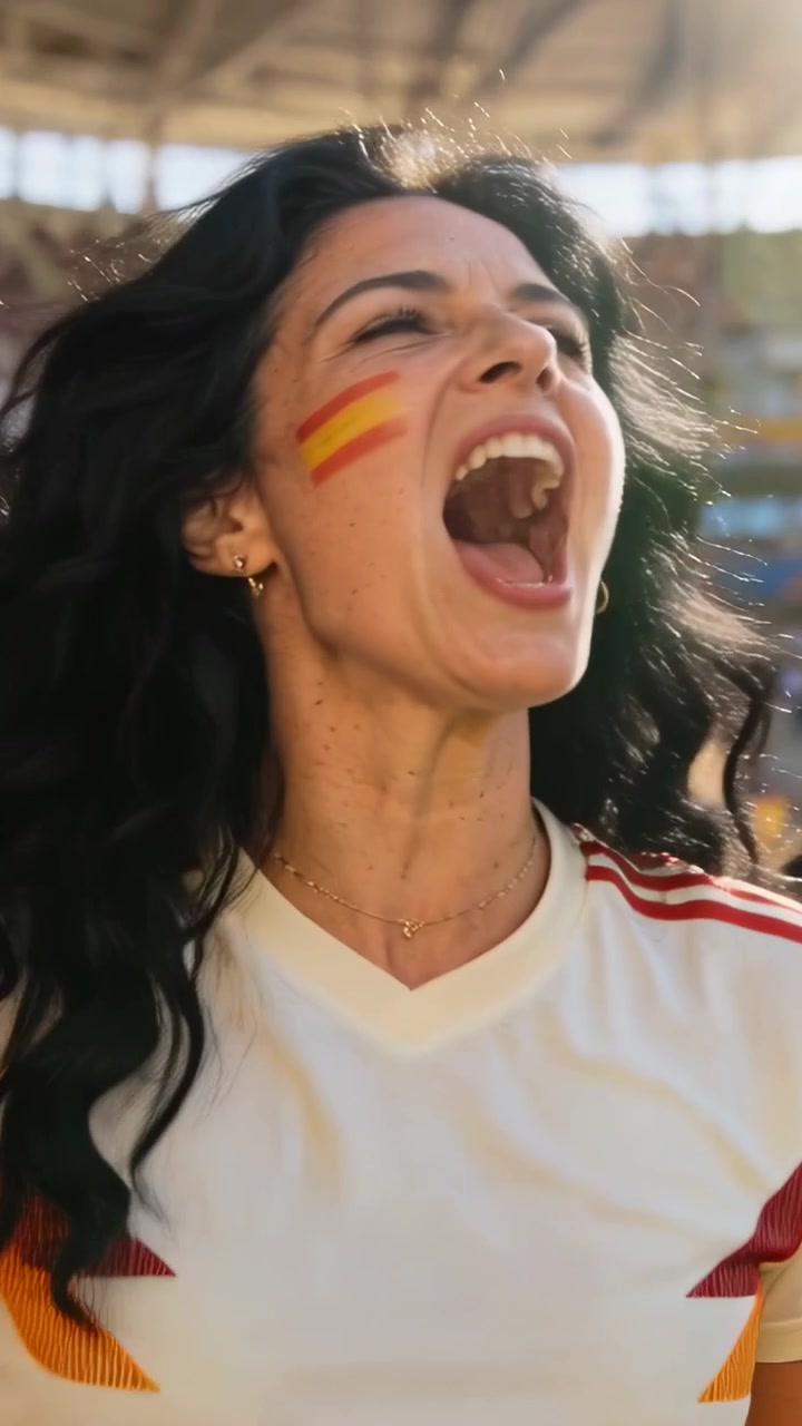 Video verticale: Coro che si alza, tifoso che urla con maglia bianca e pittura facciale allo stadio, con spazio per il testo