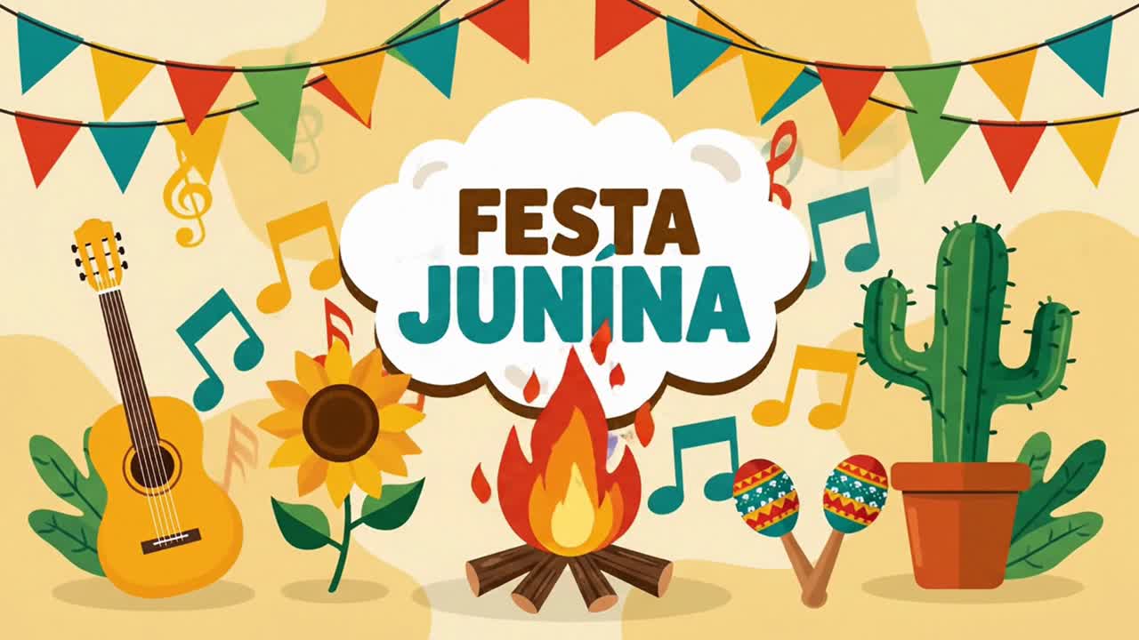 Celebración de Festa Junina con símbolos y decoración tradicionales