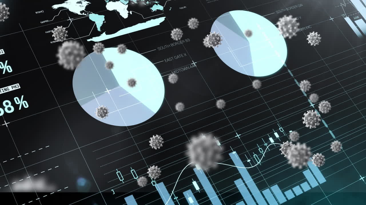 animación de las células del virus sobre la pantalla con datos científicos