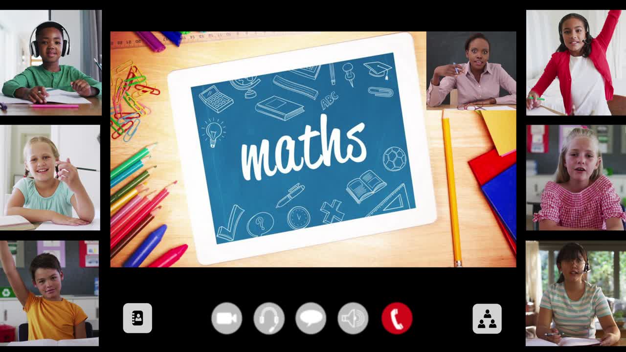 Animation of interface screen with text, maths, teacher and six diverse children in online lesson