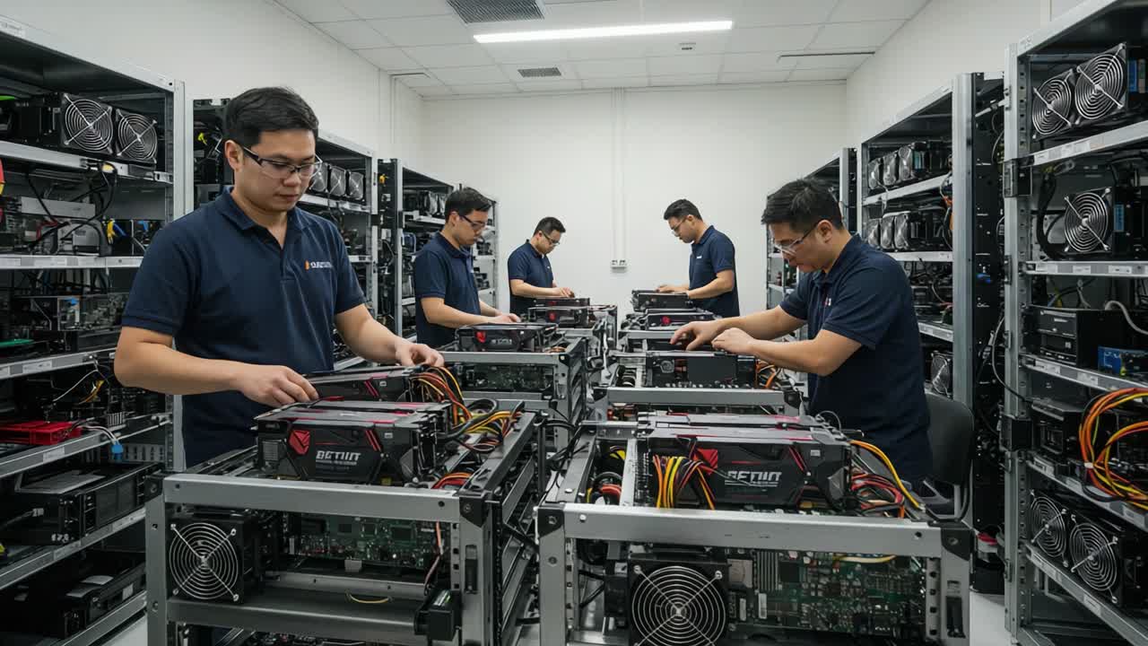 Technicians Working in a High-Tech Environment, Assembling and Maintaining Multiple Computer Rigs for Optimal Performance and Reliability in Data Processing Tasks