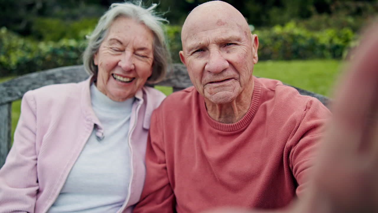 Happy, selfie and senior couple in a park