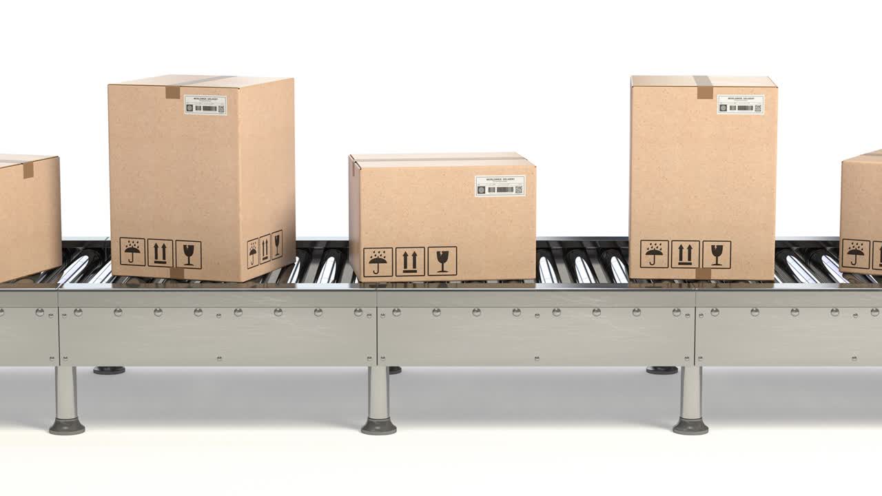 컨베이어 벨트에 카드보드 상자 색에 분리 된 배달 및 포장 서비스 루프 할 수 있는 애니메이션 알파 채널