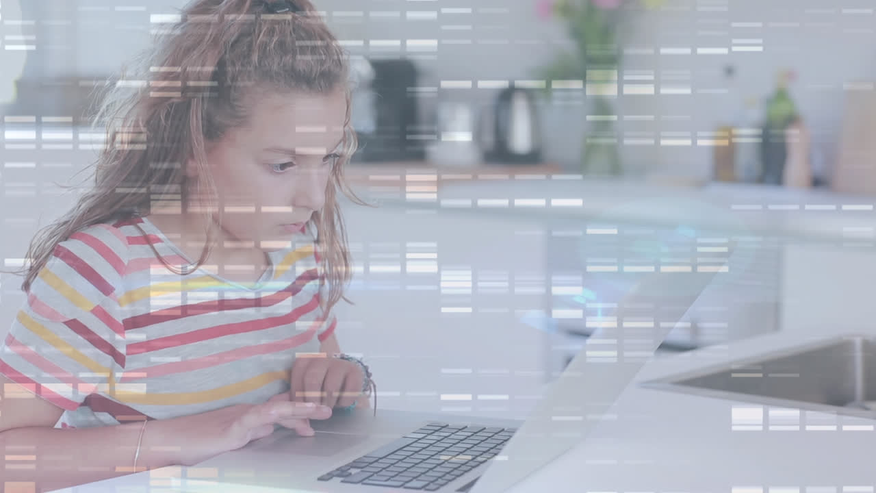 Animation of data processing over female student using laptop computer learning from home