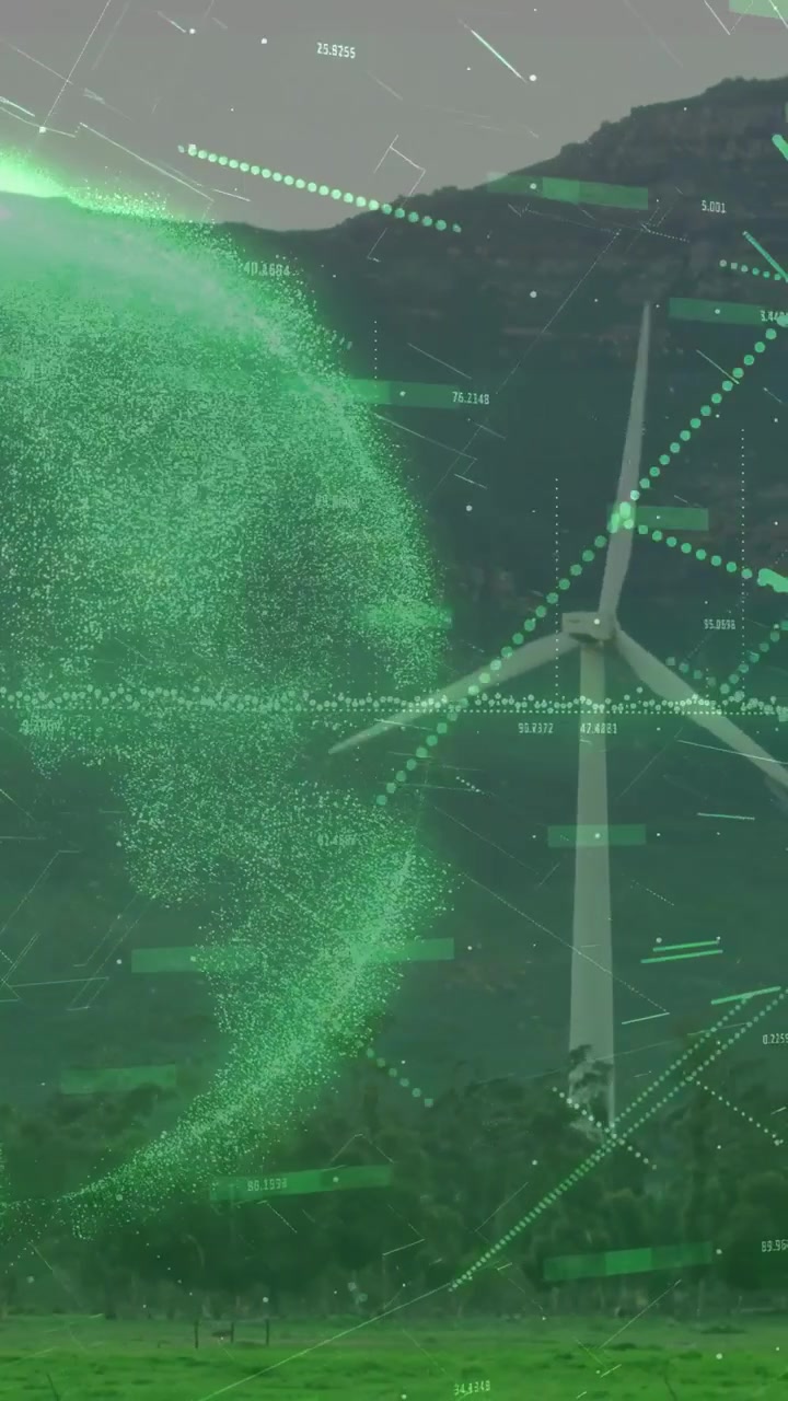 Vertical video: Particles forming green data globe, HUD animating, turbine rotating, showing energy