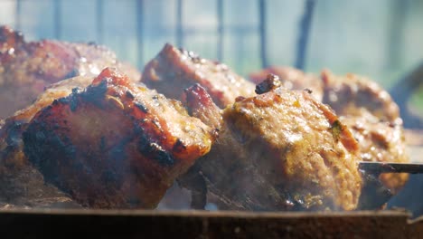 Delicioso-Shahlik-Fresco-Cocinando-En-Barbacoa-De-Madera-Humeante,-Vista-De-Cerca