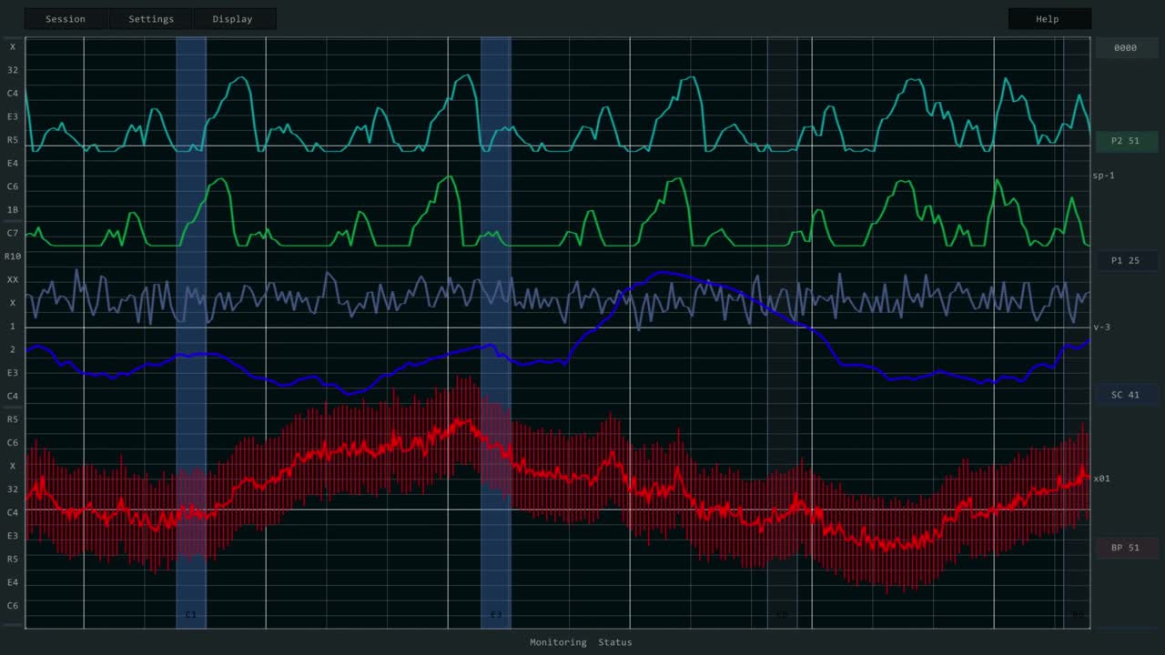 그래프와 분석 산업 인포그래픽을 가진 기술 모니터링 다이어그램, 파란색, 빨간색 및 녹색 차트와 함께 어두운 인터페이스, 제어실에서 컴퓨터 디스플레이를위한 모 vfx 템플릿