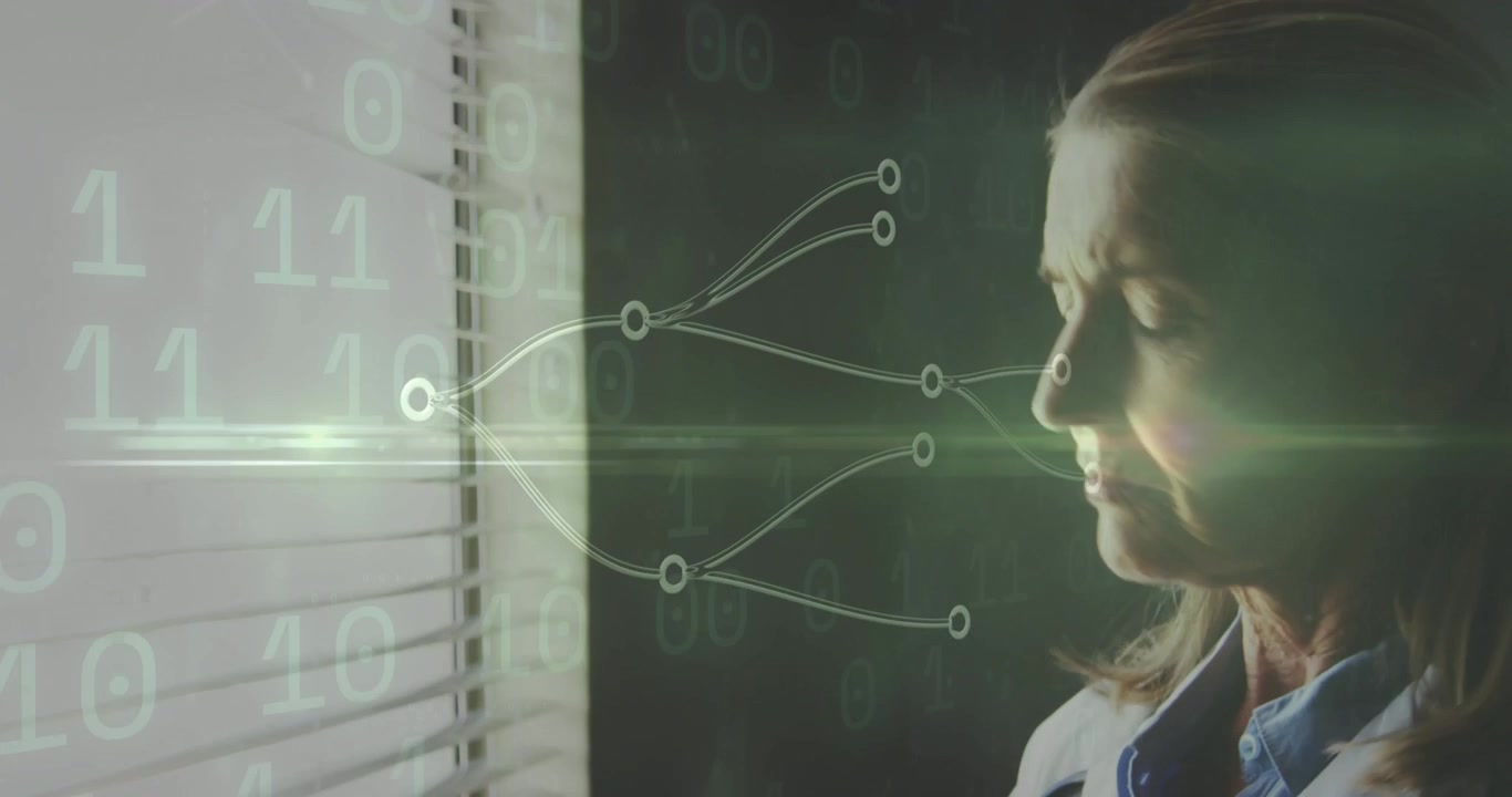 Senior scientist observing network on blinds, with tablet entering frame analyzing data in tech lab