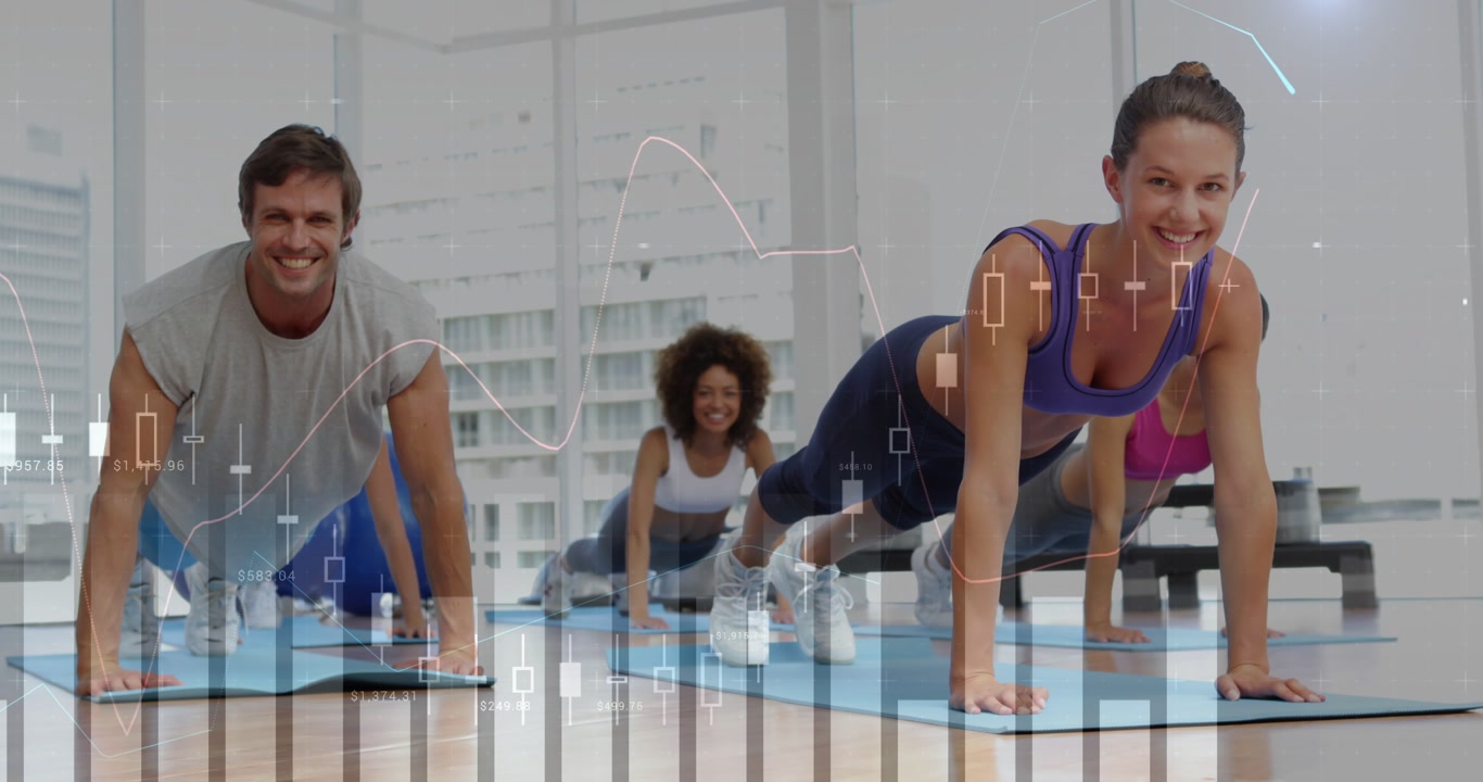On cue fitness duo doing push-ups on blue mats with candlestick charts overlaying, completing set