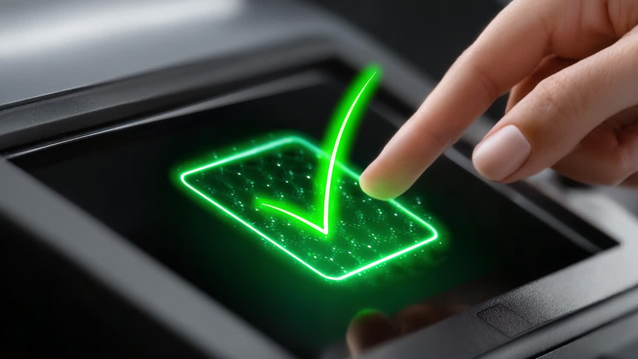 Digital Interaction Confirmed: A Close-Up of a Finger Tapping a Touchscreen Marked with a Vibrant Green Check Symbol, Indicating Successful Selection or Confirmation Action