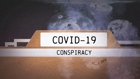 banner de texto de conspiración de covid-19 y efecto de humo contra el globo giratorio sobre fondo azul