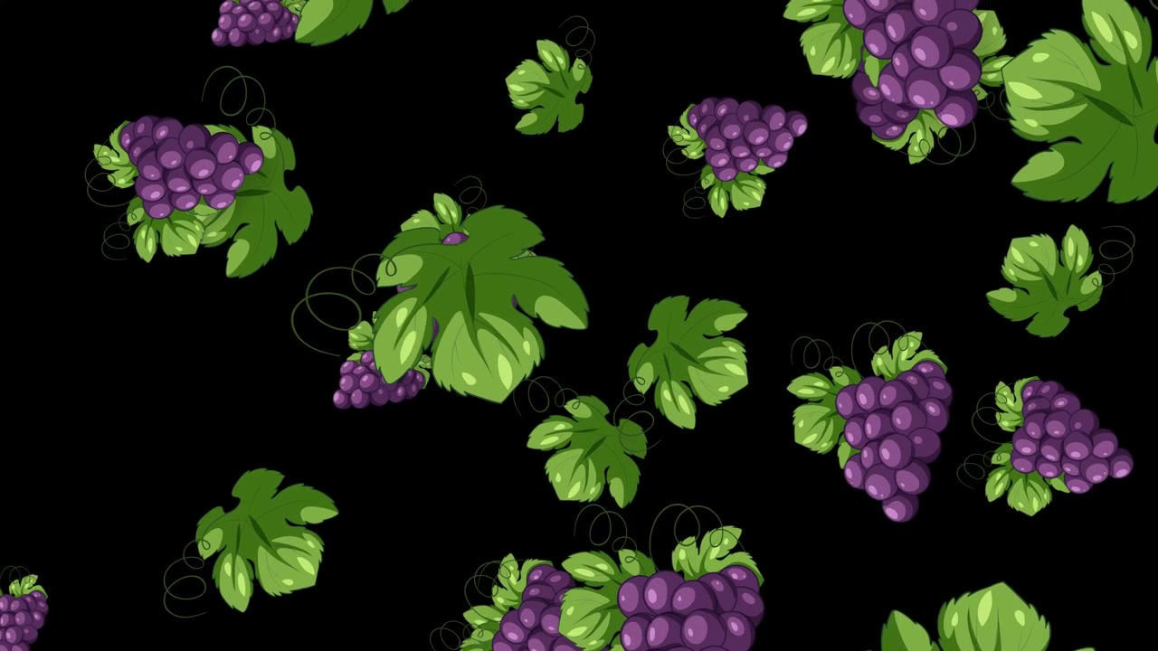 Grappoli d'uva viola stilizzati e foglie verdi che cadono verticalmente su uno sfondo nero uniforme