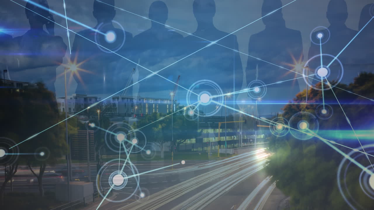 사람들의 실루 ⁇ 과 도시 풍경에 대한 연결 네트워크의 애니메이션