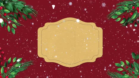 animation of christmas sign with copy space, decorations and snow falling on red background