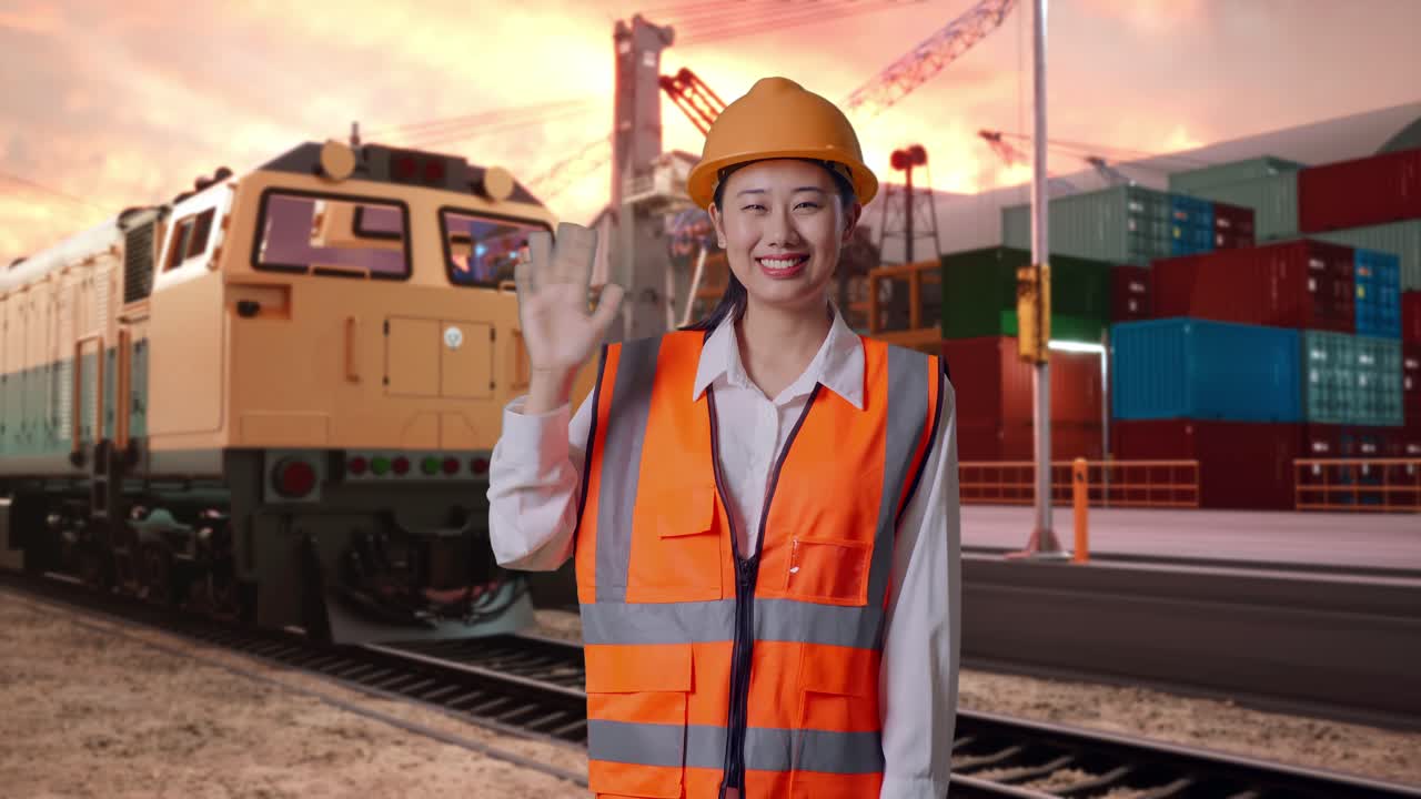 Asian Female Engineer With Safety Helmet Smiling To Camera And Waving Hand Saying Bye With Freight Cargo Train At Port