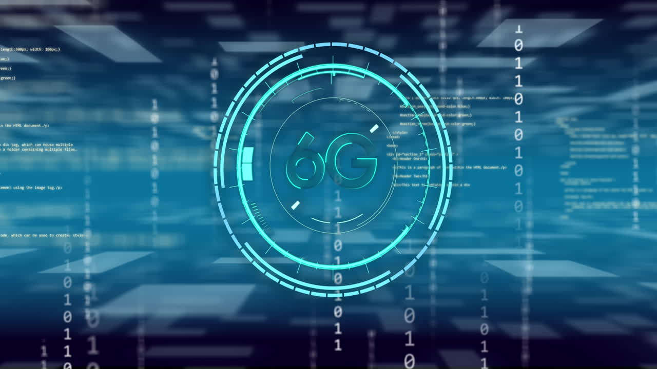 animación de texto de 6g, datos binarios y procesamiento de datos sobre fondo azul oscuro
