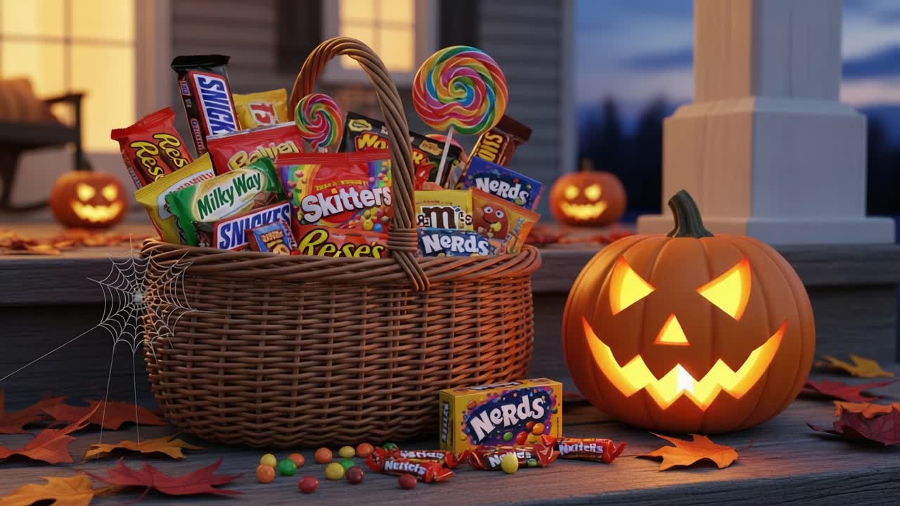 A Festive Halloween Basket Filled with Colorful Candies, Lollipops, and a Grinning Pumpkin, Surrounded by Autumn Leaves on a Cozy Porch