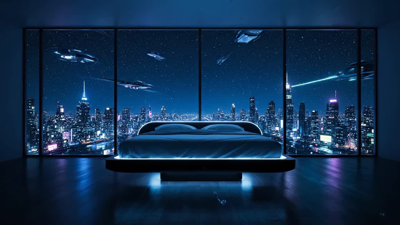 Futuristic Bedroom with Cityscape View