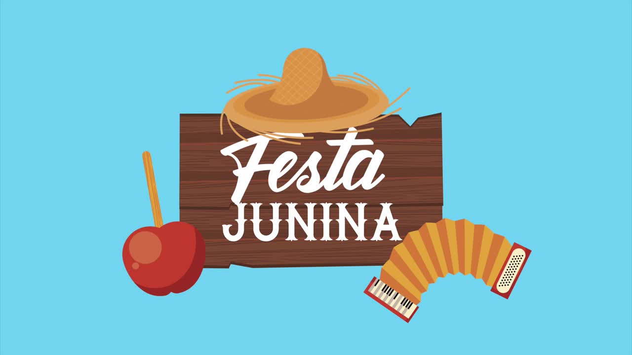 animación de letras de festa junina con acordeón y sombrero de paja