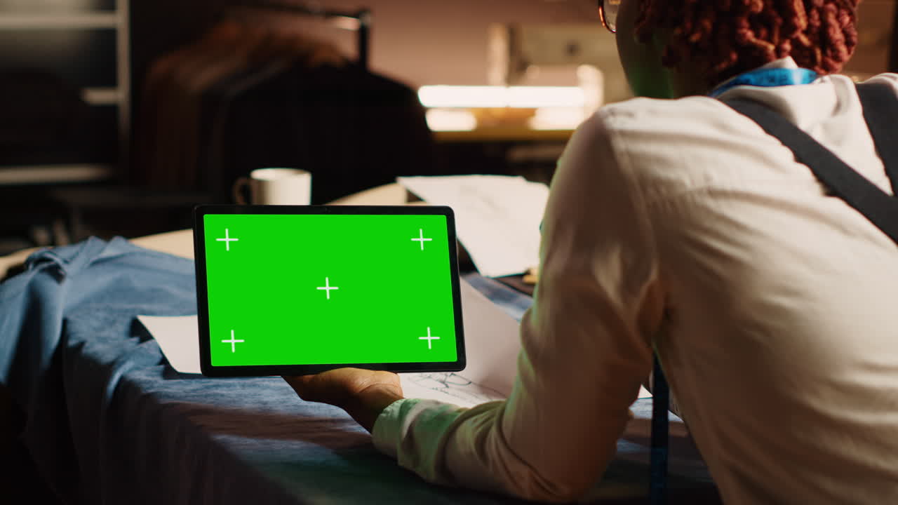 joven modista mirando la pantalla verde