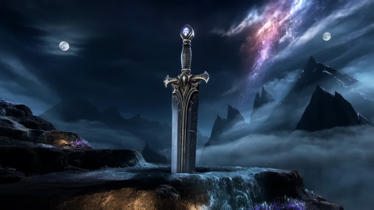 Spada fantasy su cascata di notte