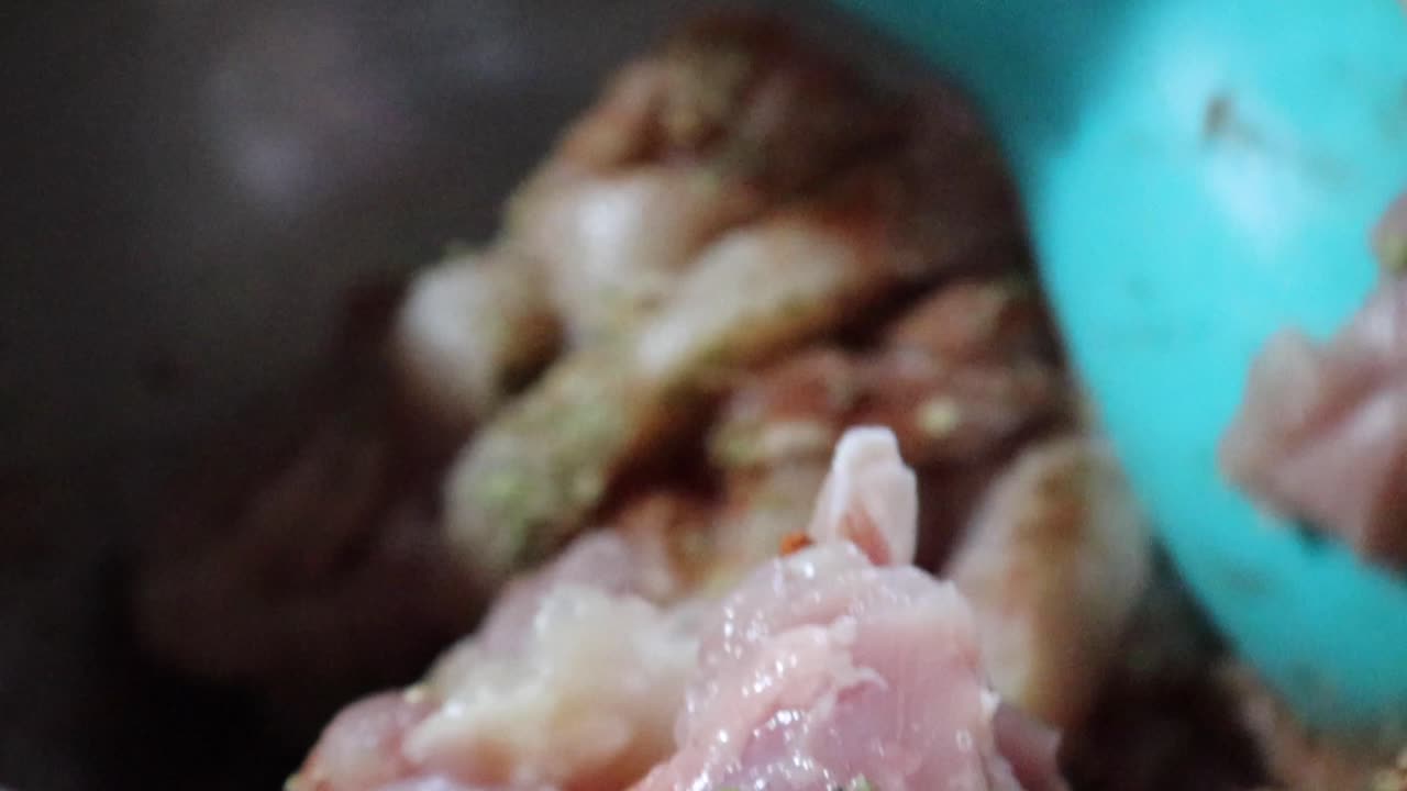 Stirring Uncooked Chicken Meat With Herbs And Spices Using Plastic Ladle
