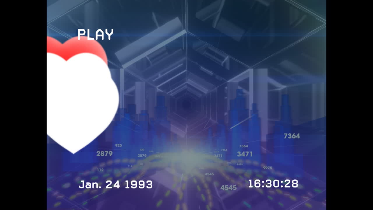 글리치, 심장 및 움직이는 디지털 공간과 함께 화면의 애니메이션