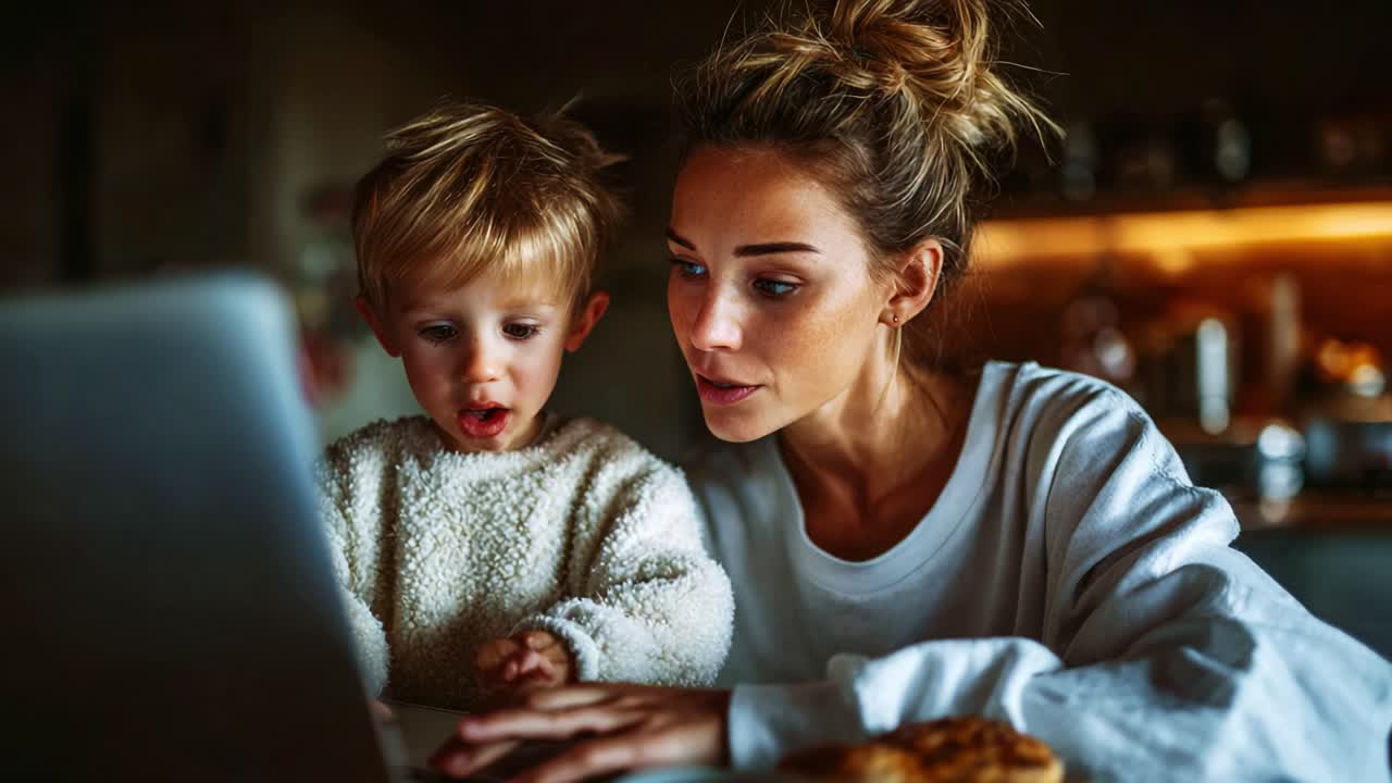 A Heartwarming Moment Between Mother and Child: Engaged Learning Through Technology in a Cozy Home Setting