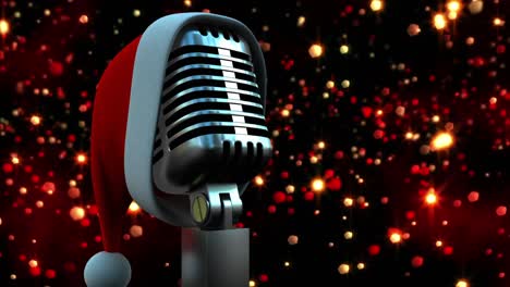 Animation-of-santa-hat-over-vintage-microphone-and-glowing-lights-on-black-background