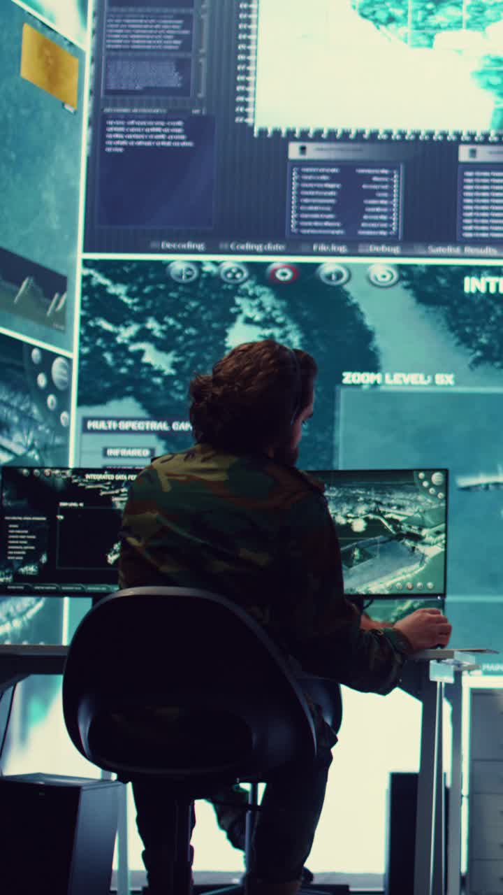 Military Operator Analyzing Data on High-Tech Computer Screens