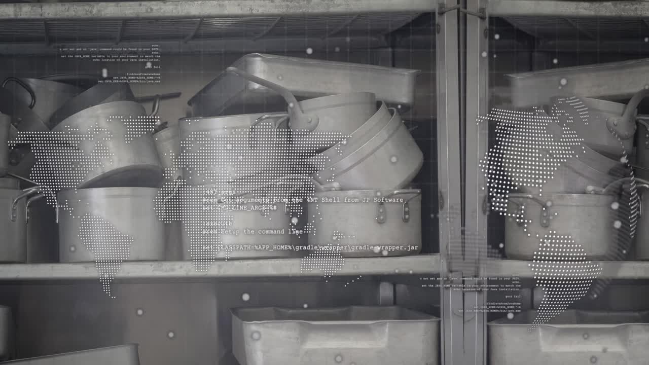 animación del procesamiento de datos y globo sobre ollas