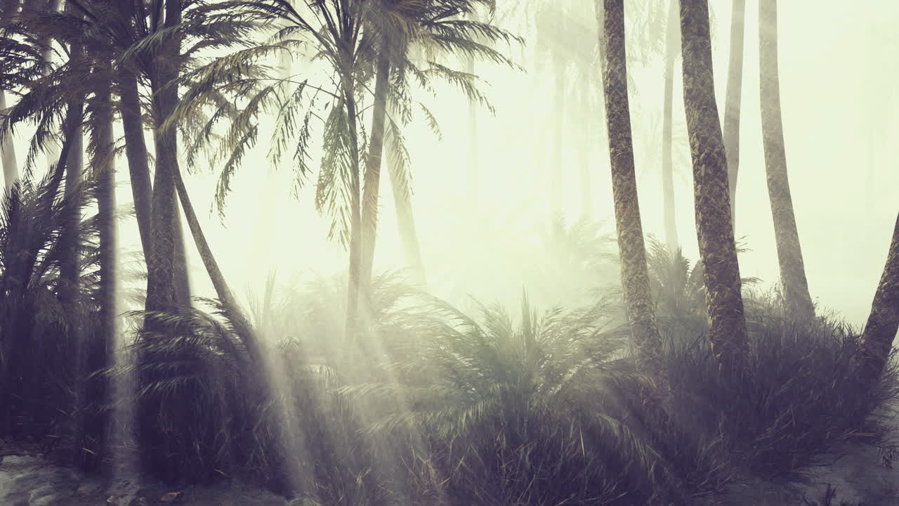 Misty rainforest landscape with sunlight filtering through tall trees and ferns