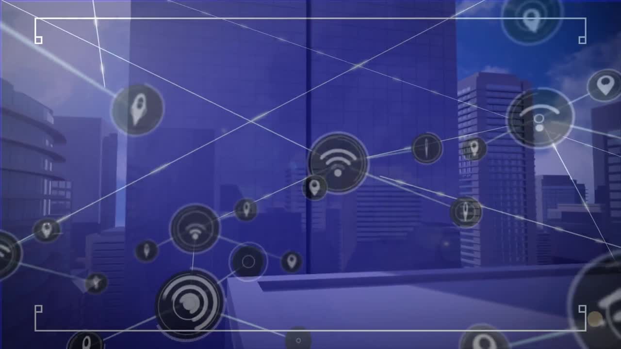 animación de la red de conexiones sobre edificios de oficinas