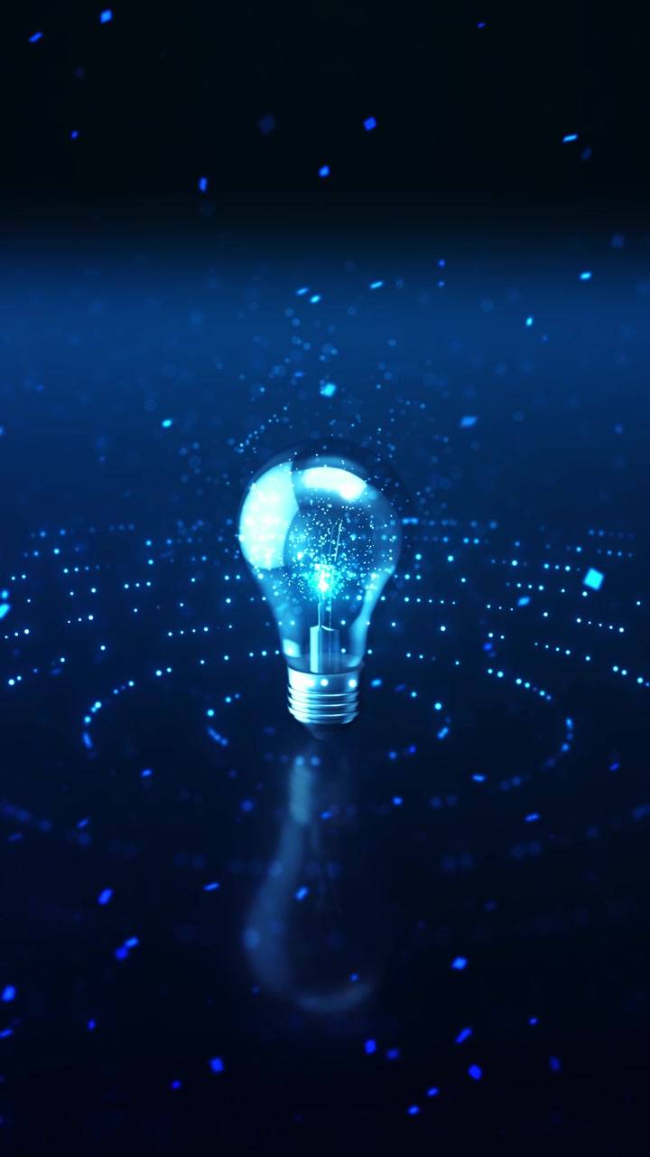 Blue innovation light bulb background with glowing idea symbol circular dotted waves floating
