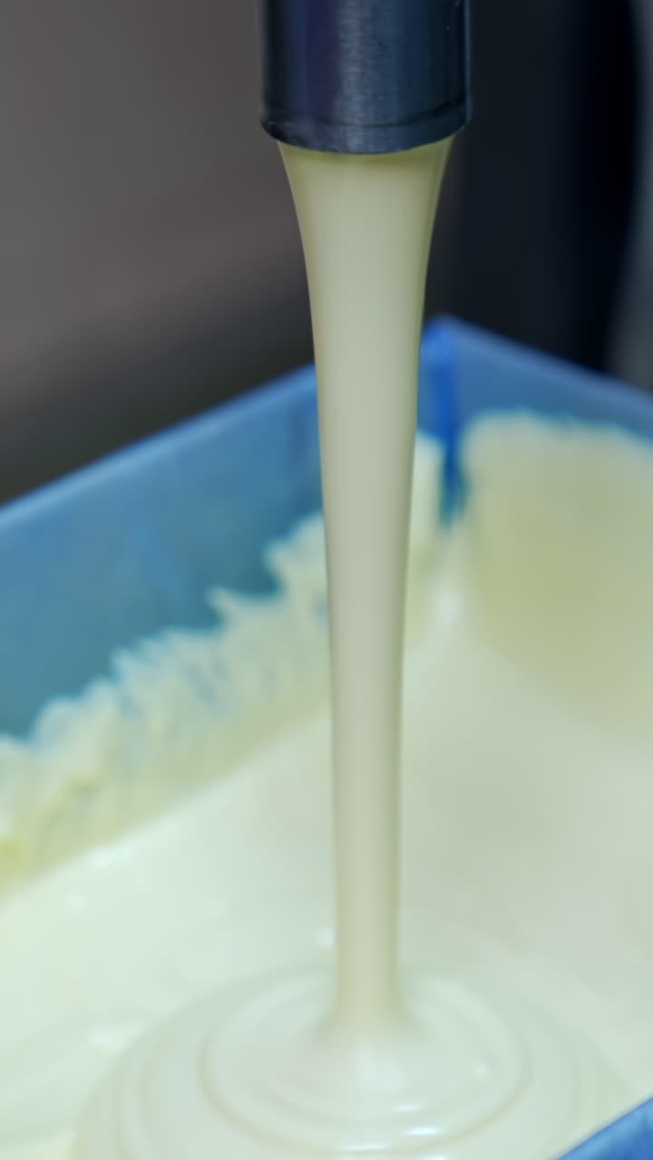 Butter in production line. Close up of butter industry process