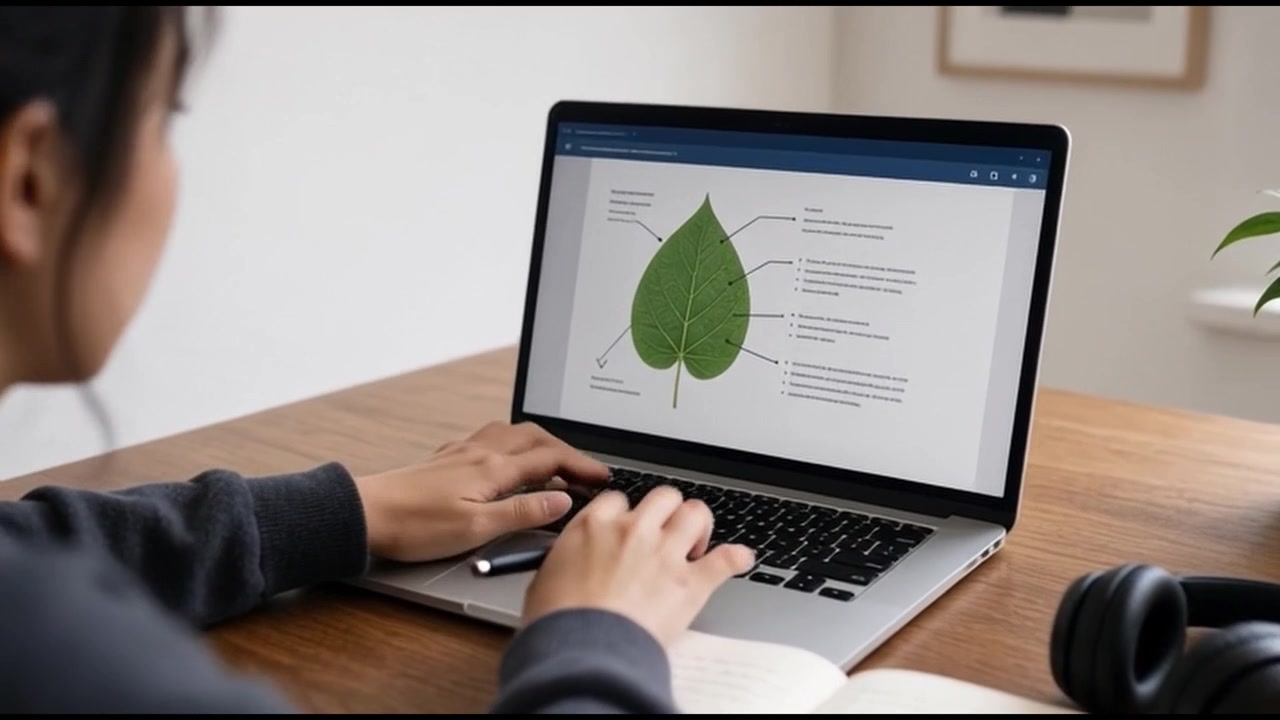 Studente che studia botanica e prende appunti sul laptop