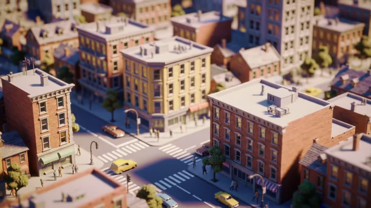 Captivating Overview of a Lively Urban Model Scene Showcasing Streets, Buildings, and Miniature Vehicles in a Charmingly Detailed Architectural Composition