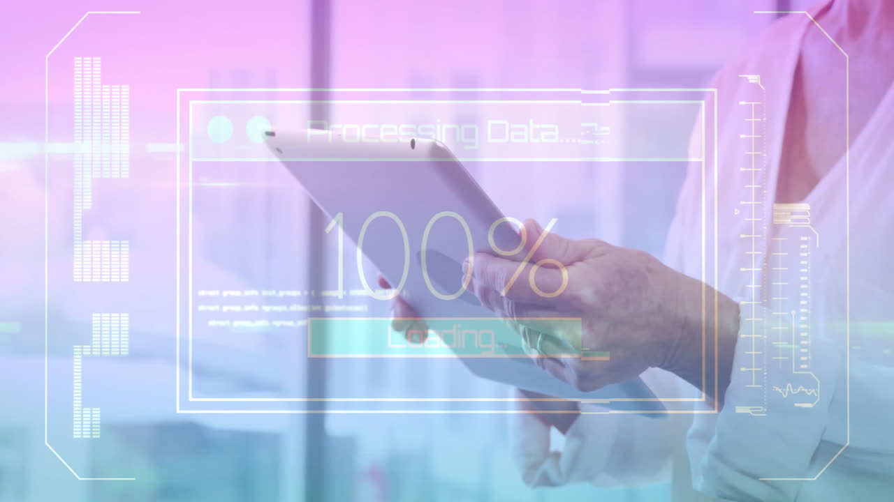 현대 사무실에서 태블릿을 사용하는 사람에 대한 데이터 애니메이션 처리