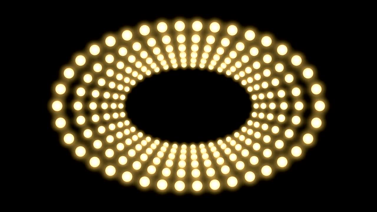 Tunnel Incandescent light bulb box frame oval shape moving pattern, retro 3D virtual style illustration glow in dark background seamless looping animation 4K, with copy space