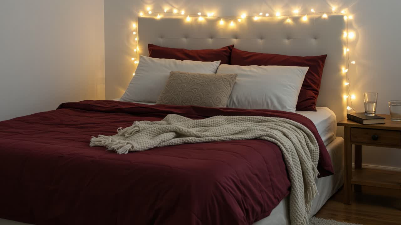 Cozy Bedroom with String Lights and Red Bedding