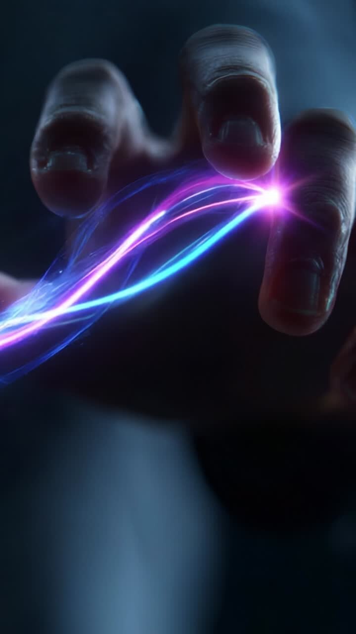 Uma exibição visual hipnotizante de energia emanando de uma mão, exibindo filamentos brilhantes de luz que se entrelaçam em uma dança cativante de cores e movimento.