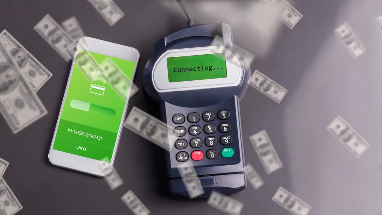 Animation of american dollar bills falling over smartphone and payment terminal