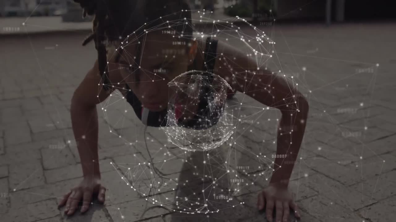 Animazione di globo con rete di connessioni su donna che fa flessioni in una strada di città